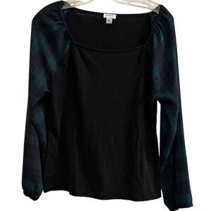 J.Crew Women's Black Square Neck Blouse Plaid Sleeves Size‎ S